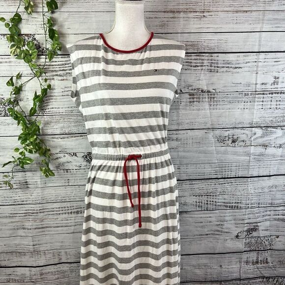 Tommy Hilfiger Dress size Small Gray White Striped Jersey Midi Casual Nautical - Picture 3 of 16